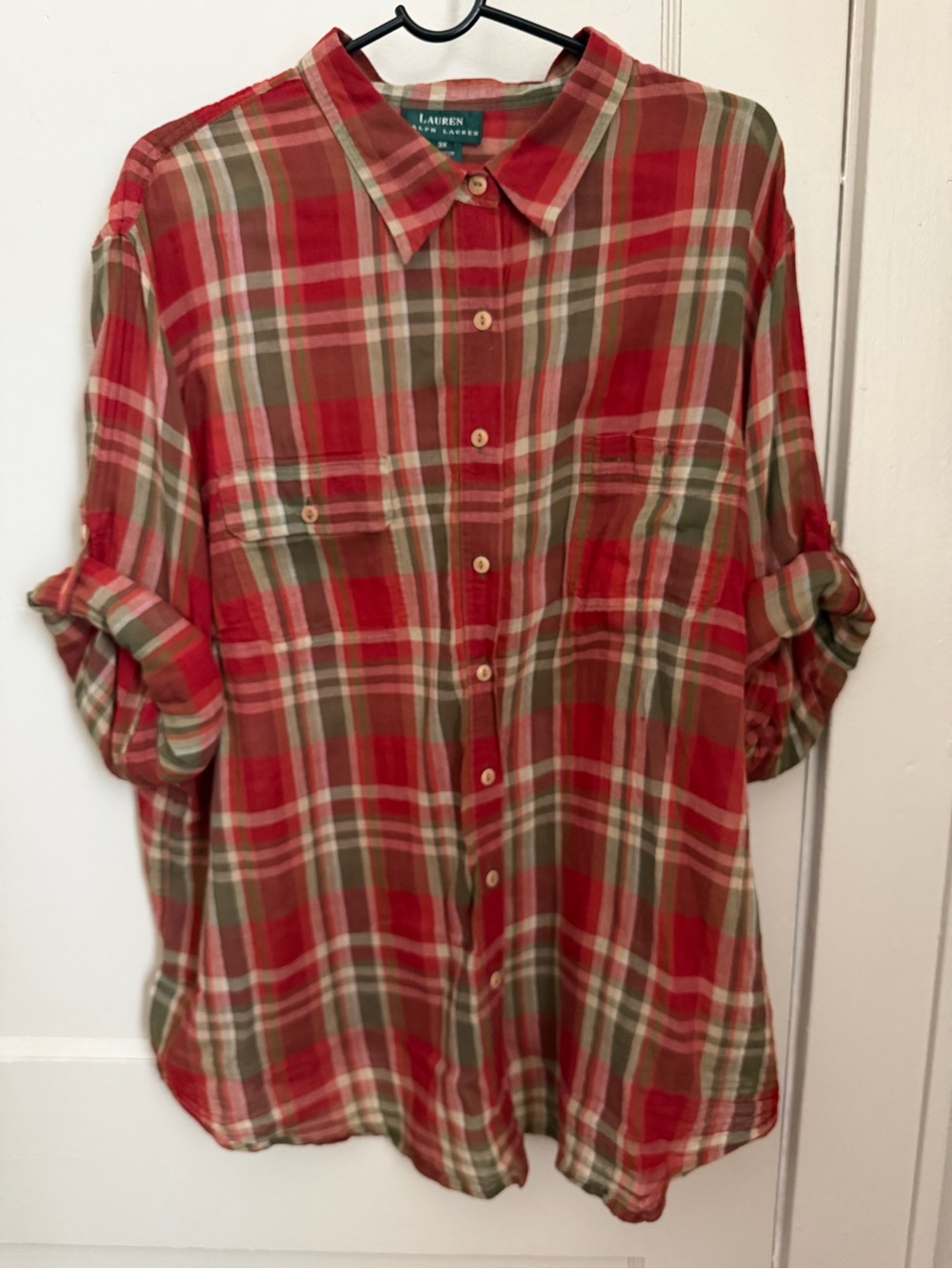 Ralph Lauren Red and Green Plaid Button-Down Shirt - Women's